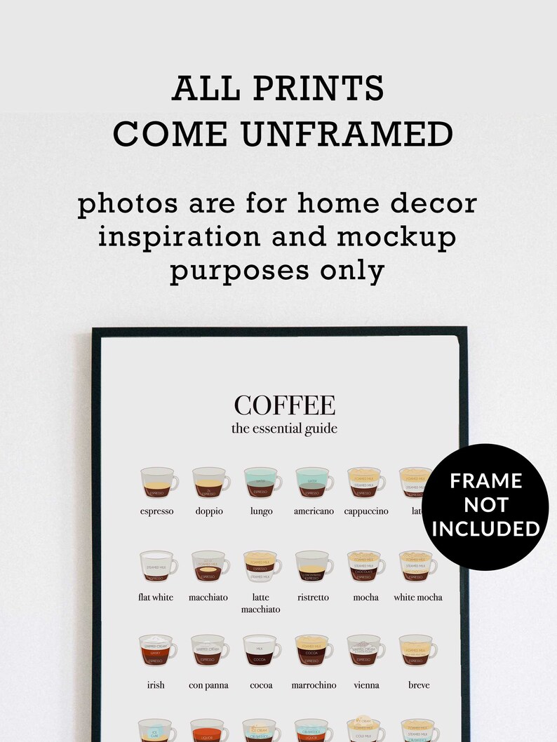 May include: A printable poster with illustrations of different types of coffee drinks, including espresso, cappuccino, latte, macchiato, and more. The poster is titled "Coffee: The Essential Guide".