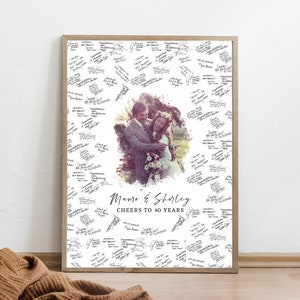 Paper guest book poster with names and40th anniversary wording. Blank around a photo in the centre so guests can sign well wishes for any special event.