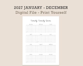 Calendario de pared imprimible 2027, Calendario anual de un vistazo, Planificador de pared grande en PDF, Descarga instantánea