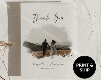 Trendy Wedding Thank You Cards, Gift Thank you Cards Digital Printable, Photo Thank you Stationary, custom watercolor portrait, personalized