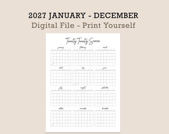 May include: A 2027 annual calendar digital file featuring a white background with black text and grid lines. The document displays twelve monthly grids labeled January through December, with the header text Twenty Twenty Seven at the top.