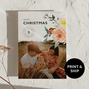 Nom de famille unique carte photo de Noël, carte de joyeux Noël moderne faite à la main, modèle de carte de vœux numérique ou imprimée à télécharger