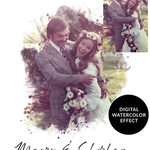 May include: A watercolor-style wedding photo of a couple, with the bride wearing a flower crown and the groom holding a bouquet. The text "Mauro & Shirley CHEERS TO 40 YEARS" is below the image.