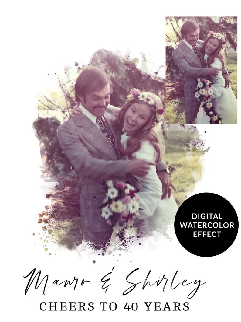 May include: A watercolor-style wedding photo of a couple, with the bride wearing a flower crown and the groom holding a bouquet. The text "Mauro & Shirley CHEERS TO 40 YEARS" is below the image.