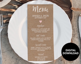 Kraftpapier Hochzeitsmenü für eine rustikale Scheune, digitaler Download Menükarten, Bauernhof und Landhausstil, lässig und lustig, braun beige Buffet