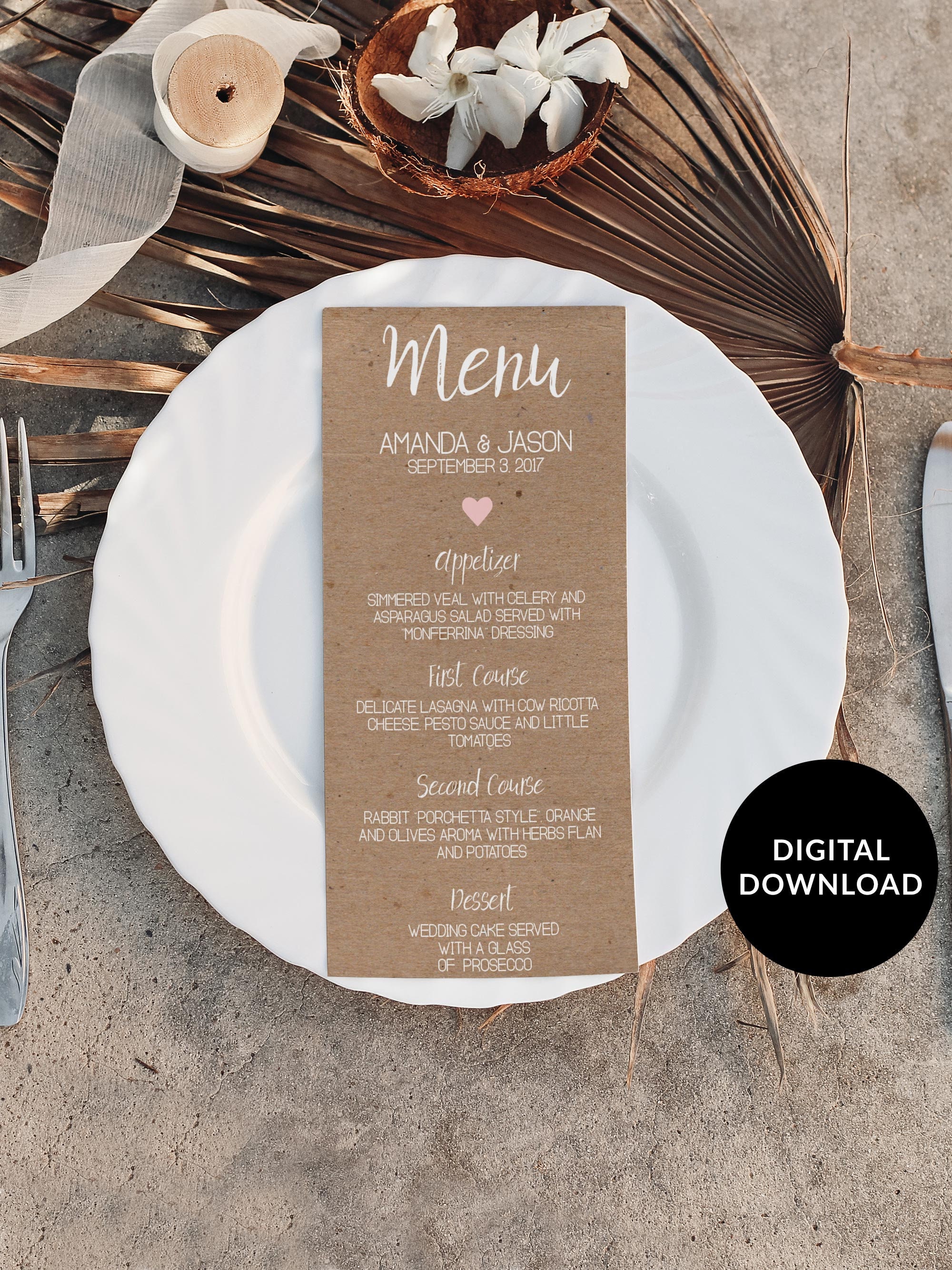Kraft Paper Wedding Menu for a Rustic Barn Theme Digital Download