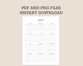 Calendario de pared imprimible 2027, Calendario anual de un vistazo, Planificador de pared grande en PDF, Descarga instantánea
