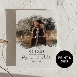 Retenez la date avec photo, mariage, faites-vous inviter à réserver vos dates, portrait personnalisé à l'aquarelle, faire-part "Retenez la date", evite