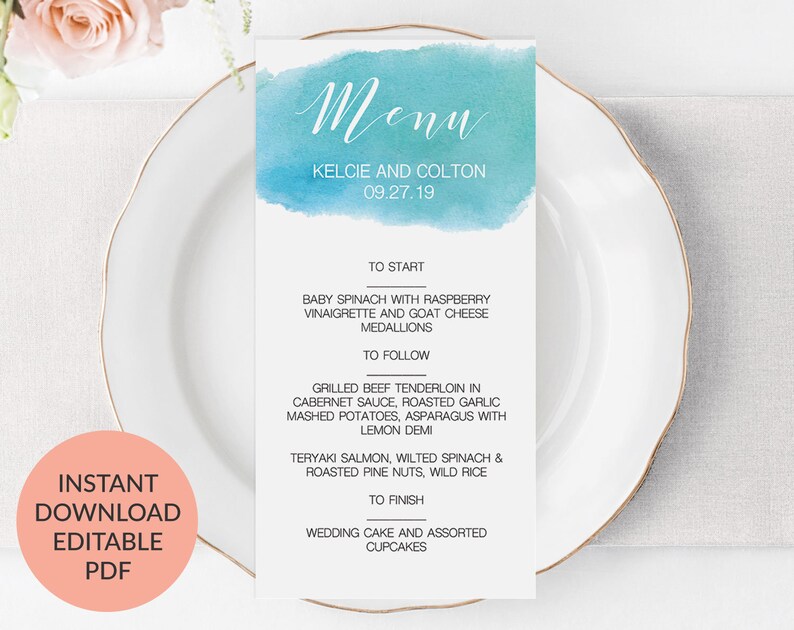 Wedding Menu Printable Template Beach Wedding Menu Blue Menu Etsy