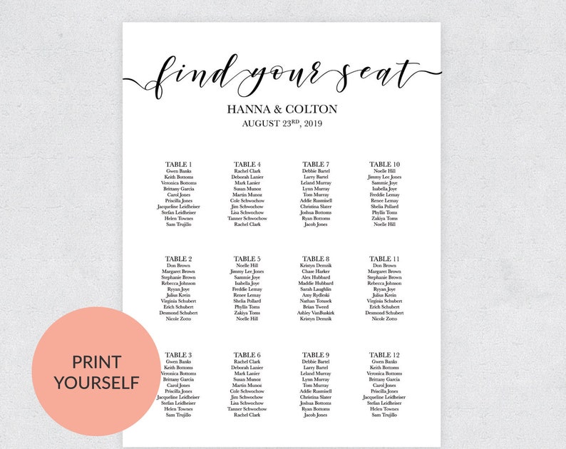 Seating Chart Template, Modern Calligraphy, Editable & Printable, Instant Download, Minimalist Wedding Seating Chart Poster, Find your Seat image 6