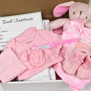 May include: A pink gift box filled with baby items, including a pink onesie, a pink hat, a pair of pink booties, a pink stuffed bunny, and a pink blanket. The box also includes a birth certificate card.
