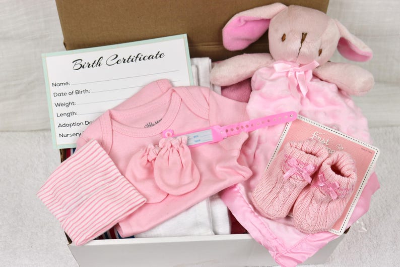 May include: A pink gift box filled with baby items, including a pink onesie, a pink hat, a pair of pink booties, a pink stuffed bunny, and a pink blanket. The box also includes a birth certificate card.
