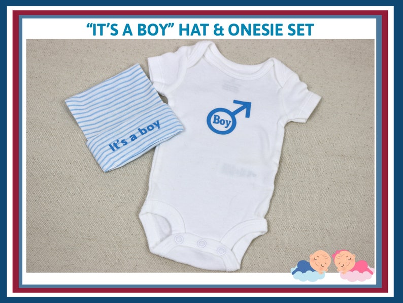 May include: A white onesie with blue "Boy" text and a blue gender symbol. A blue and white striped hat with "It's a boy" text is included.