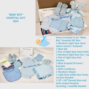 May include: A blue and white gift box filled with baby items for a new baby boy. The box includes a blue onesie, bib, hat, booties, mittens, a teddy bear, a blanket, and a hospital ID band. The text "Baby Boy" Hospital Gift Box is printed on the top of the box.