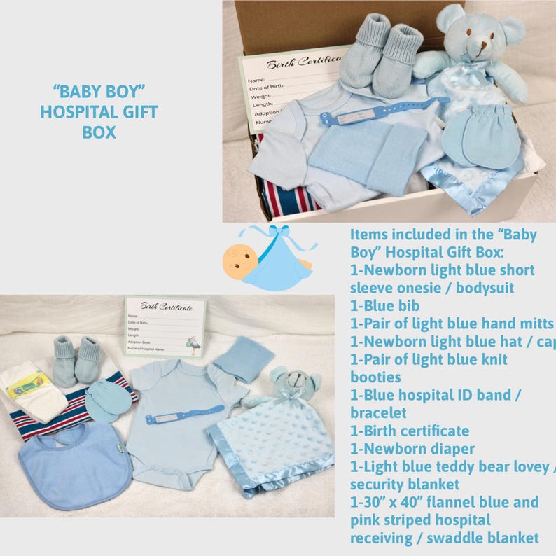 May include: A blue and white gift box filled with baby items for a new baby boy. The box includes a blue onesie, bib, hat, booties, mittens, a teddy bear, a blanket, and a hospital ID band. The text "Baby Boy" Hospital Gift Box is printed on the top of the box.