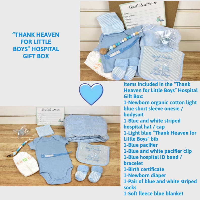 May include: A blue and white hospital gift box for a newborn baby boy. The box includes a light blue onesie, a blue and white striped hat, a blue bib with the text "Thank Heaven for Little Boys", a blue pacifier, a blue and white pacifier clip, a blue hospital ID band, a blue blanket, a blue diaper, and a birth certificate.