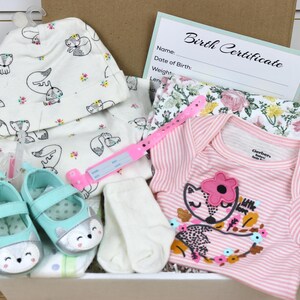 May include: A baby gift box filled with a white and gray fox print hat, a pink and white striped onesie with a fox applique, a white blanket, a pair of light blue baby shoes with a fox face, and a pink measuring tape. The box also includes a white card with the text "Birth Certificate".