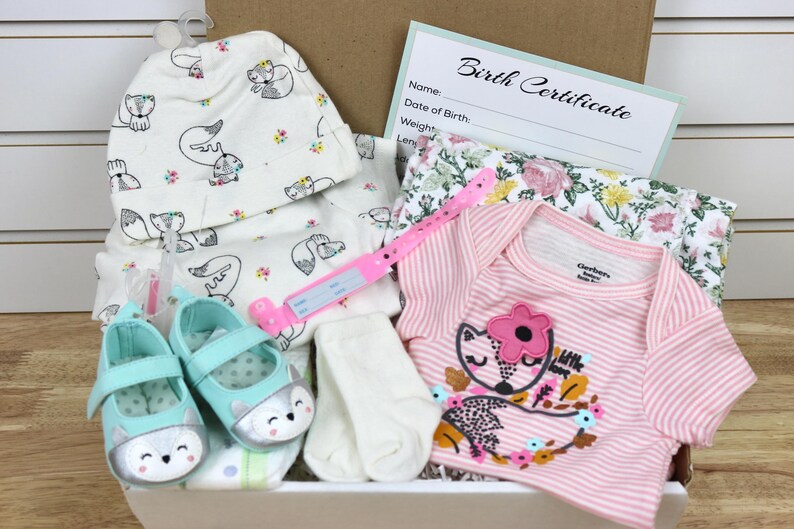 May include: A baby gift box filled with a white and gray fox print hat, a pink and white striped onesie with a fox applique, a white blanket, a pair of light blue baby shoes with a fox face, and a pink measuring tape. The box also includes a white card with the text "Birth Certificate".