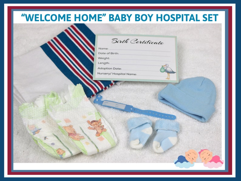 May include: A baby boy hospital set with a blue and red striped blanket, a blue hat, a pair of blue and white socks, a diaper, a blue wristband, and a birth certificate card. The card has the text "Birth Certificate" printed on it.