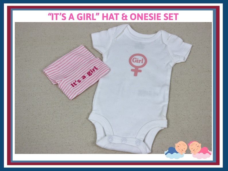 May include: A white onesie with the text "Girl" and a pink female symbol. A pink and white striped hat with the text "It's a girl" is also included.