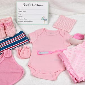 May include: A pink baby outfit set with a onesie, hat, booties, bib, and a blanket. The set also includes a stuffed bunny and a birth certificate.