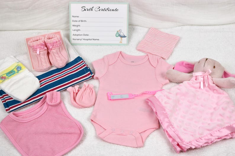 May include: A pink baby outfit set with a onesie, hat, booties, bib, and a blanket. The set also includes a stuffed bunny and a birth certificate.