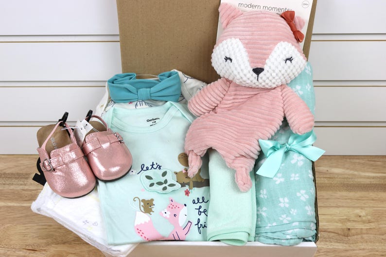May include: A baby gift set with a light blue and green bodysuit with a fox and the text "Let's all be friends", a light blue headband, a pair of pink shoes, a light blue and white blanket, and a pink fox plush toy.