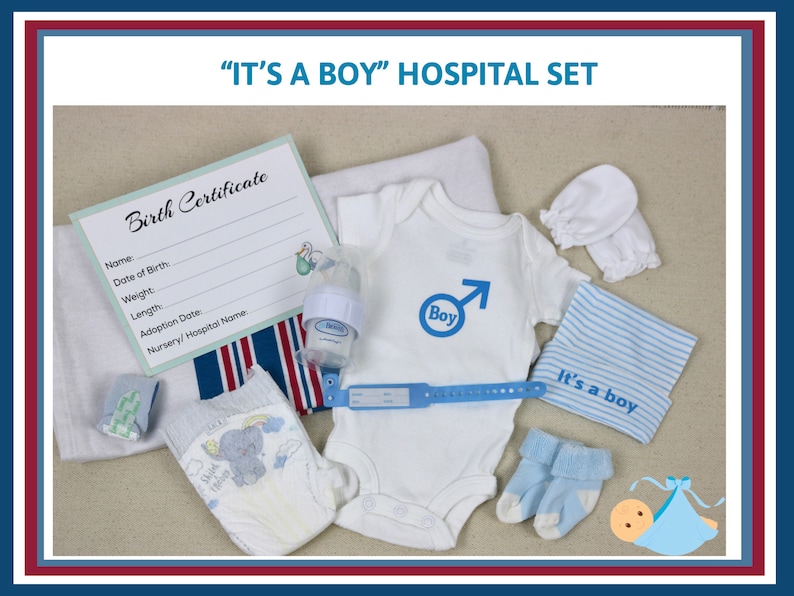 May include: A hospital set for a newborn baby, including a white onesie with a blue "Boy" symbol, a blue and white striped hat, a blue and white blanket, a white diaper, a blue wristband, a white baby hat, a blue baby sock, a white baby mitten, a clear baby bottle, and a birth certificate.