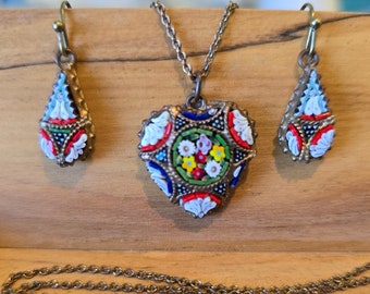 1950's Vintage - ITALIAN - Glass Mosaic Heart Pendant (with chain) and matching earrings