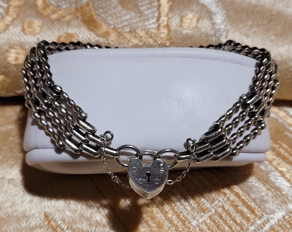VINTAGE Sterling Silver 4-Bar Gate Bracelet with Heart Padlock, 22.5 Grams, 8.25&quot; Closed - Stamped RB Ltd - Lion - Lion head