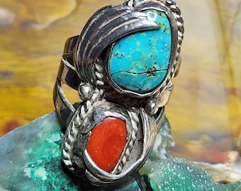 1950's Vintage Sterling Silver TURQUOISE and CORAL ring size 7 - Made in the USA