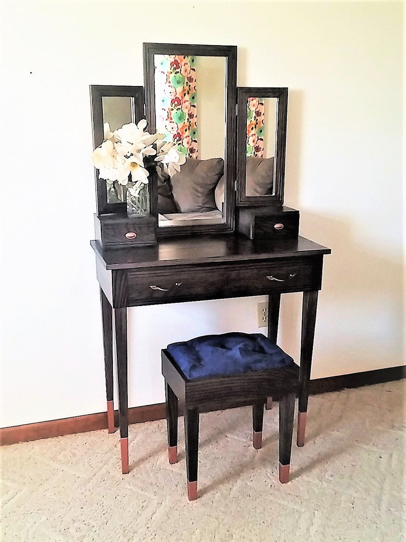 Elegant Empress Black And Copper Oak Makeup Vanity Table