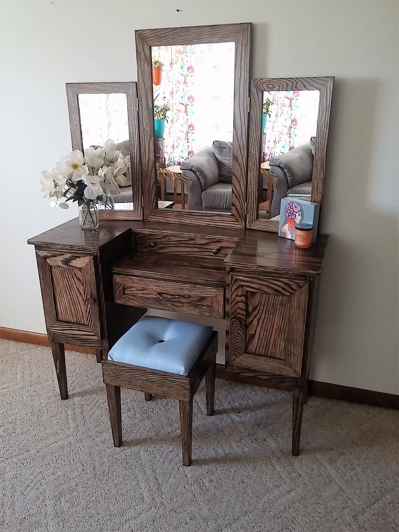 Lavish Lady III Oak Makeup Vanity Table with Tri Fold Mirror  Etsy
