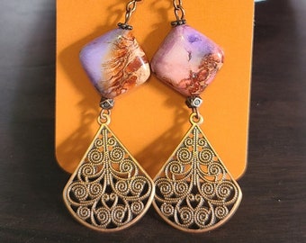 Crazy Lace Agate Antique Copper Filigree Dangle Earrings, Gift for Her