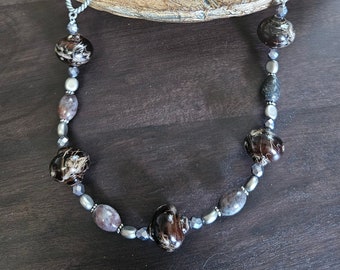 Clay and Jasper Gunmetal Chain Necklace, Gift for Her