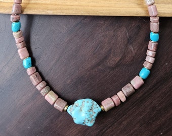 Rhodonite Turquoise Howlite Men's Necklace, Ethnic Jewelry, Gift for Men