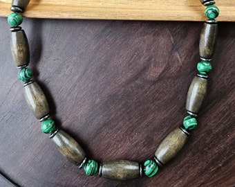 Wood Malachite Men's Necklace, Ethnic Necklace, Gift for Him