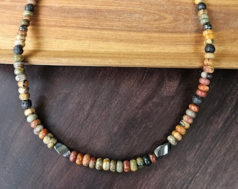 Unisex Men's Gemstone Necklace, Hematite Lava Rock Red Creek Jasper Necklace, Boho Necklace, Gift for Him, Unisex Gift