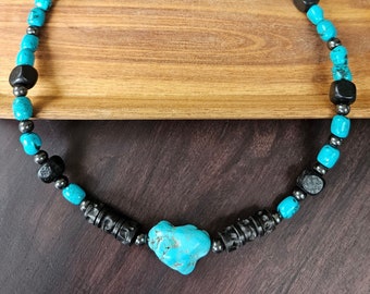 Hematite Howlite Wood Men's Necklace, Gemstone Necklace, Gift for Him