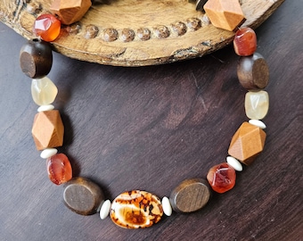 Wooden Carnelian Bone Fire Agate Necklace, Ethnic Necklace, Gift for Her