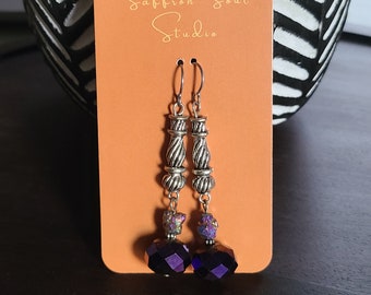 Dangly Purple and Silver Earrings, Gift for Her