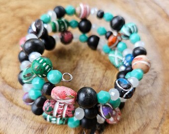 Painted Clay Beaded Coil Bracelet, Boho Bracelet, Gift for Her