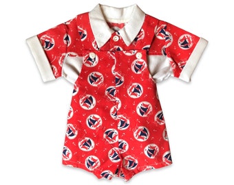 0-12mo baby nautical print red overalls and button-up shirt set, sailboat print