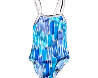 2T toddler crossback swimsuit, Blue abstract brush-strokes Made in Canada