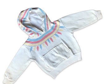 2T toddler vintage 50’s/60’s off-white hoodie with blue, red and yellow stripes and “feathers”