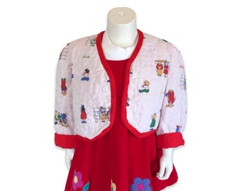 3-4years kids vintage handmade quilted jacket, pattern of happy children, cursive names, red trim