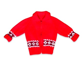 2-4years vintage bright red hand-knit cardigan sweater with collar and front zip