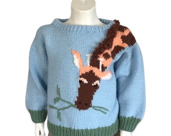 4-6years vintage retro hand-knit giraffe sweater blue and green with 3D fur