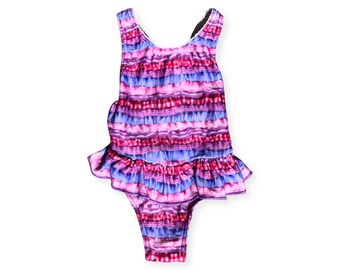 18mo toddler 90s one piece swimsuit pink and purple patterned stripes