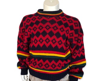 5years kids vintage red and black patterned sweater with red, yellow and green stripes